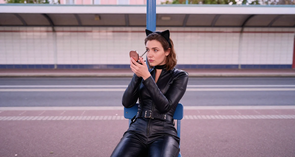 A pensive Female From France, studied philosophy at Sorbonne in their 34, refining personal style to be timeless, wearing a tight leather cat burglar suit with a utility belt, checking makeup in a compact mirror in a school playground.