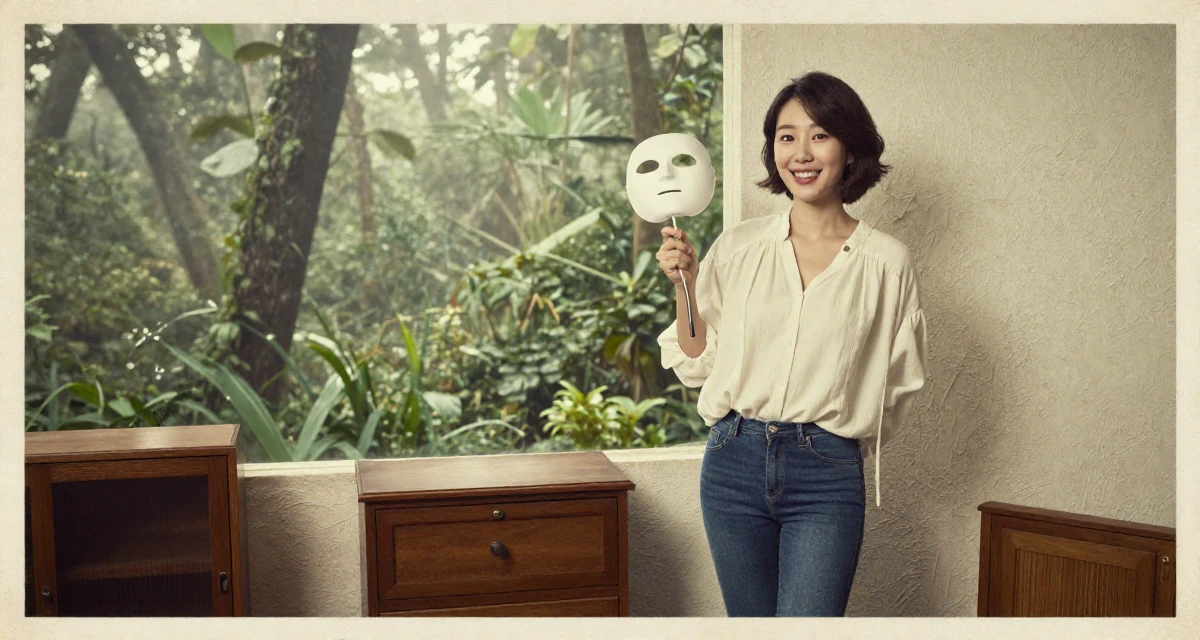 A charismatic Female From Busan South Korea, majored in industrial design in their 35, teaching financial literacy to other women, wearing a loose fitting blouse tucked into tight jeans, holding a mask (cosplay/prop) in a dense misty forest.