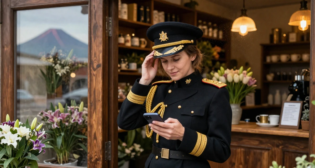 A gentle Female From Russia, majored in international trade in their 22, facing judgment from people who don’t understand creator life, wearing a military general uniform with gold braiding and a hat, unlocking a phone screen in a flower shop entrance.