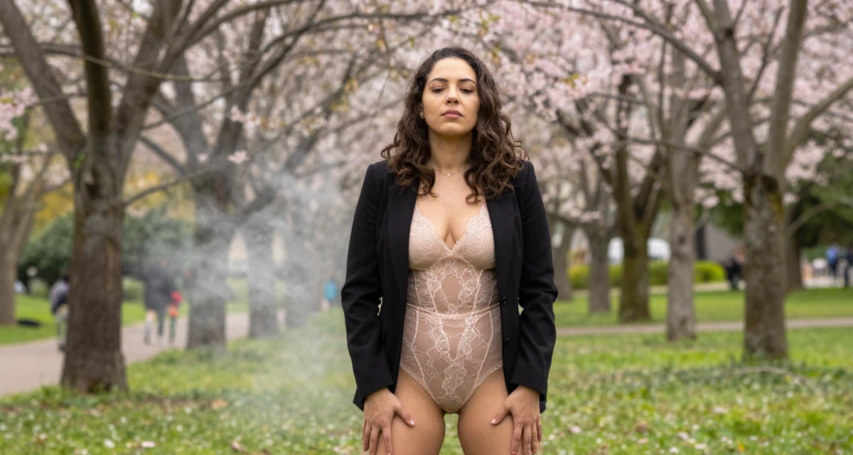A guarded Female From Rio de Janeiro Brazil, majored in public relations in their 23, realizing content creation requires real discipline, wearing a sheer lace bodysuit worn under a blazer, taking a deep breath in a cherry blossom park.