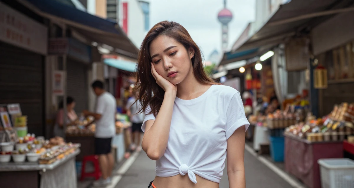 A quiet Female From Kuala Lumpur Malaysia, self-taught content creator specializing in color grading in their 23, realizing content creation requires real discipline, wearing a classic white t-shirt knotted at the front and bikini bottoms, leaning head on a hand in a narrow hallway.