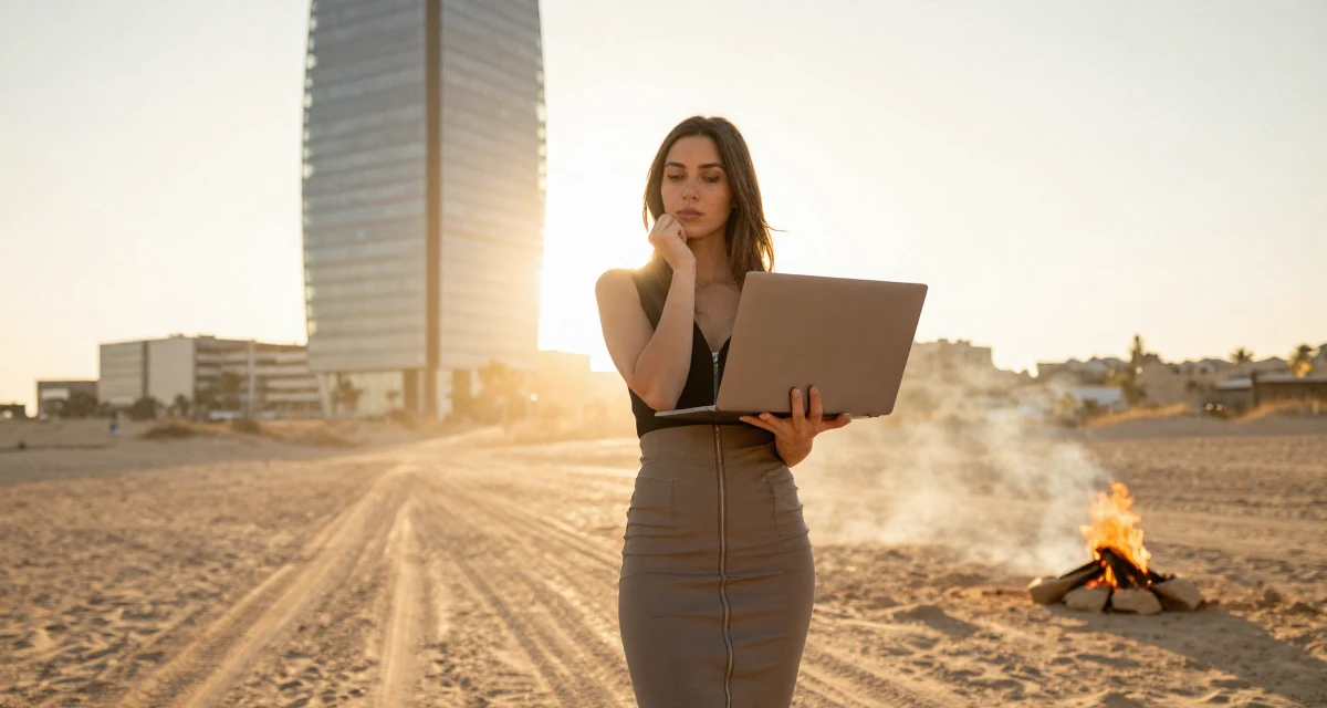 A innocent Female From Spain, based in Barcelona, graduated from a fashion institute majoring in body styling in their 38, handling long working hours, wearing a pencil skirt with a zipper detail, holding a laptop in a high-rise office building.