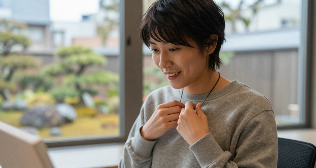 A upbeat Female Once a real-estate assistant, now a full-time self-portrait artist in their 23, seeking validation through achievement, wearing a relaxed jogger and sweatshirt combo, fiddling with a necklace in a waiting room.