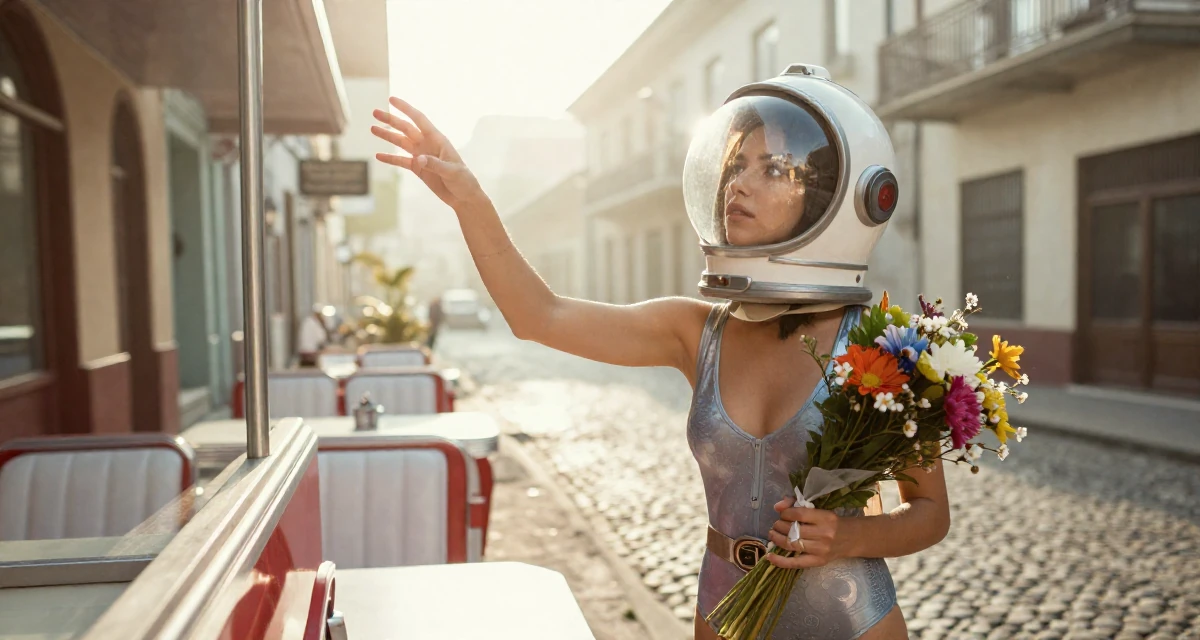 A sentimental Female From Cebu Philippines, gained confidence through swimwear modeling gigs in their 24, analyzing long-term compatibility in dating, wearing a retro sci-fi space girl outfit with a bubble helmet, holding a bouquet in a retro 50s diner.