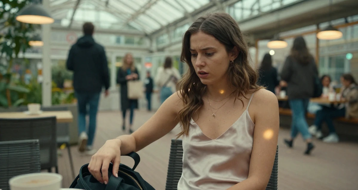 A stunned Female From Sweden, studied sociology in their 21, planning a gap year to escape reality, wearing a silk slip dress in a soft neutral tone, reaching into a bag in a greenhouse interior.
