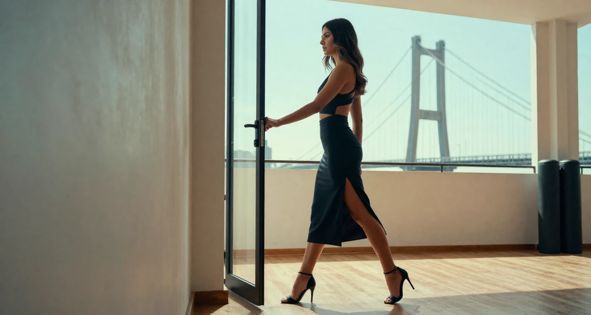 A elegant Female From Mexico, studied public relations in their 25, becoming more intentional with time and focus, wearing a elegant midi skirt with a high slit and heels, opening a door in a yoga studio.