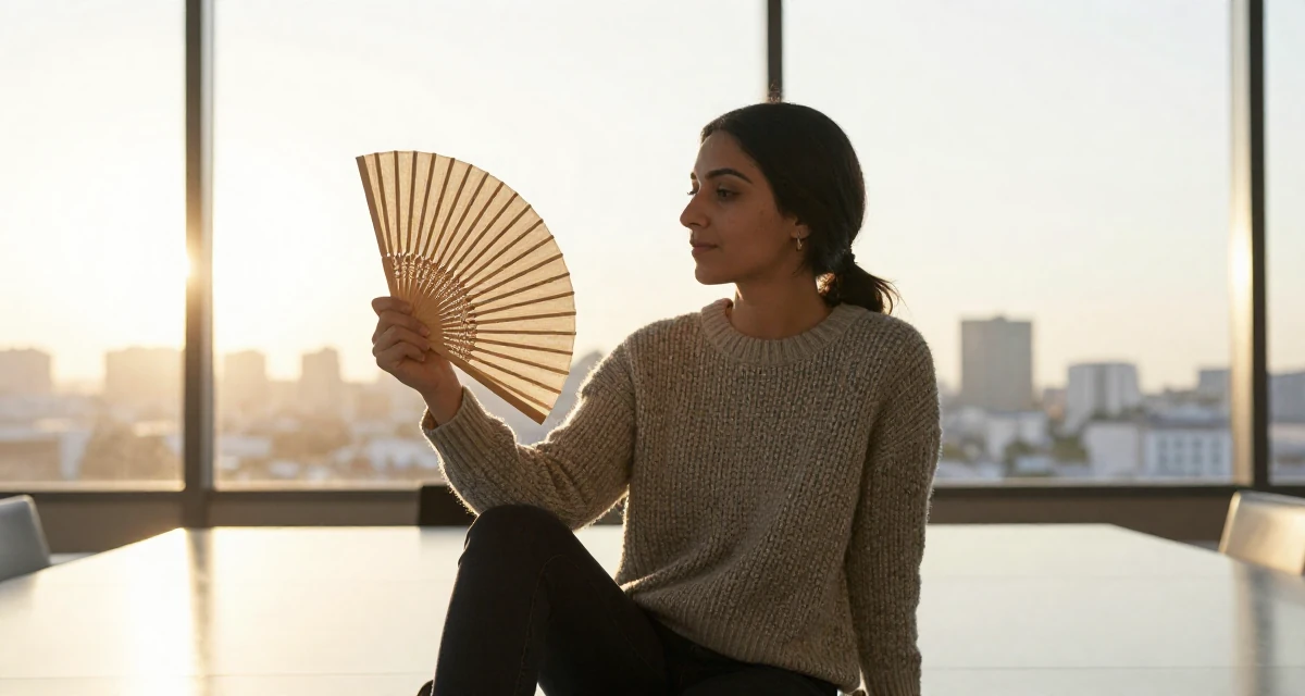 A nostalgic Female Born in Egypt, studied public relations in their 40, sharing the joy of adoption and family, wearing a textured wool sweater, fanning self with a hand in a conference room.