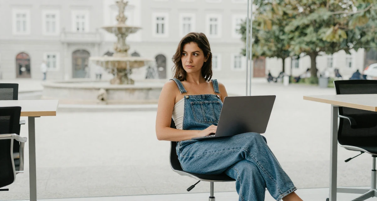 A pensive Female From Salzburg Austria, practiced soft-aesthetic lifestyle content in their 34, taking care of pets and household, wearing a tube top and oversized denim overalls with one strap down, holding a laptop in a office break room.
