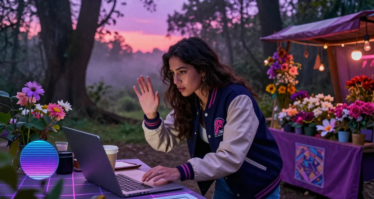 A observant Female From Mexico, studied graphic design and illustration in their 24, curating an elegant–sexy creator identity, wearing a casual varsity jacket look, waving to someone in a dense misty forest.