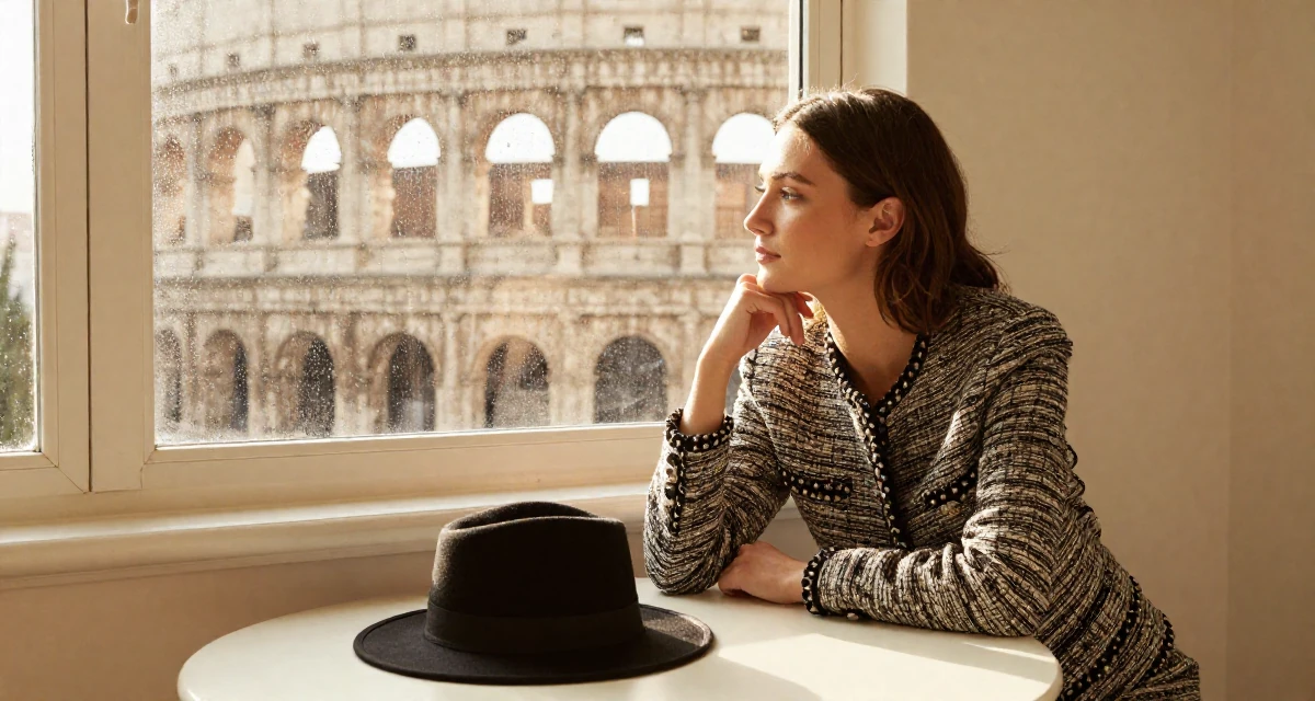 A lonely Female Born overseas, studied communication studies in their 23, staring pensively out a rain-streaked window, wearing a classic chanel style tweed suit, holding a hat in a photo studio.