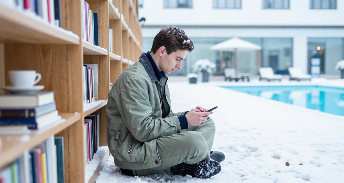 A ethereal male From Budapest Hungary, explored sensual character-based content in their 22, experimenting with online creative platforms, wearing a retro windbreaker jacket, checking a phone in a library aisle.