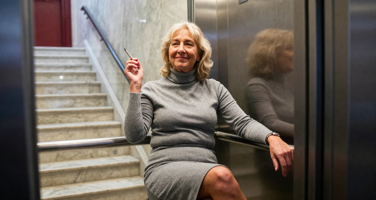 A friendly Female From Scotland, studied game design in their 46, celebrating the confidence that comes with age, wearing a fitted turtleneck and skirt, holding a cigarette (lit or unlit) in a corporate elevator.