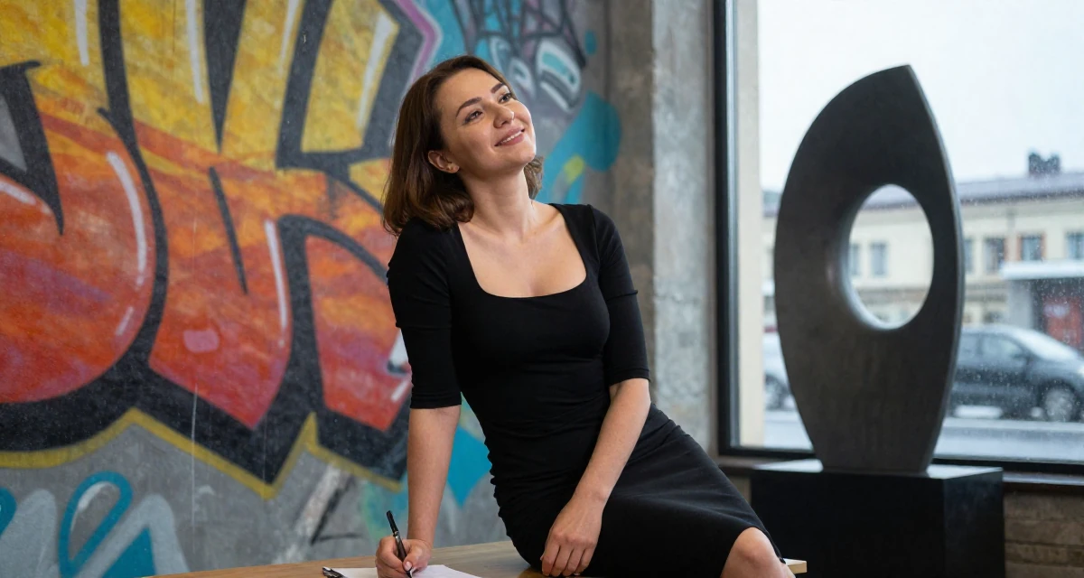 A positive Female From Kazakhstan, studied financial mathematics in their 39, recently moved to a new city, wearing a fitted black dress with a square neckline, holding a pen poised to write in a waiting room.