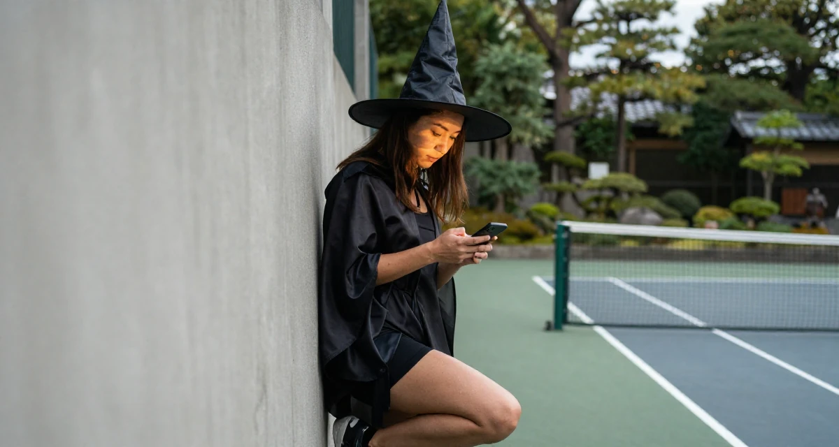 A shy Female Former swim team athlete, now building a fitness-focused fanbase in their 30, knowing the hustle is hard but quitting feels worse, wearing a classic witch costume with a wide-brimmed hat, unlocking a phone screen in a tennis court.