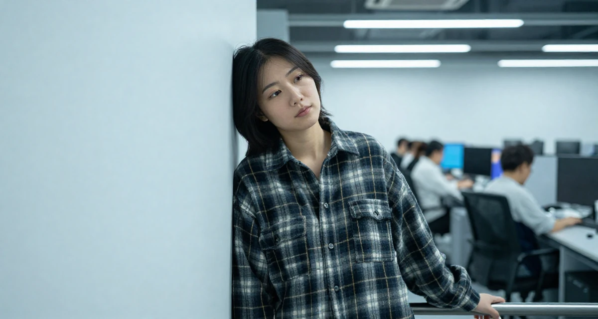A contented Female From Chengdu China, majored in fashion design in their 27, dealing with the pressure of peers getting married, wearing a cozy oversized flannel, holding a railing in a cybernetic computer lab.