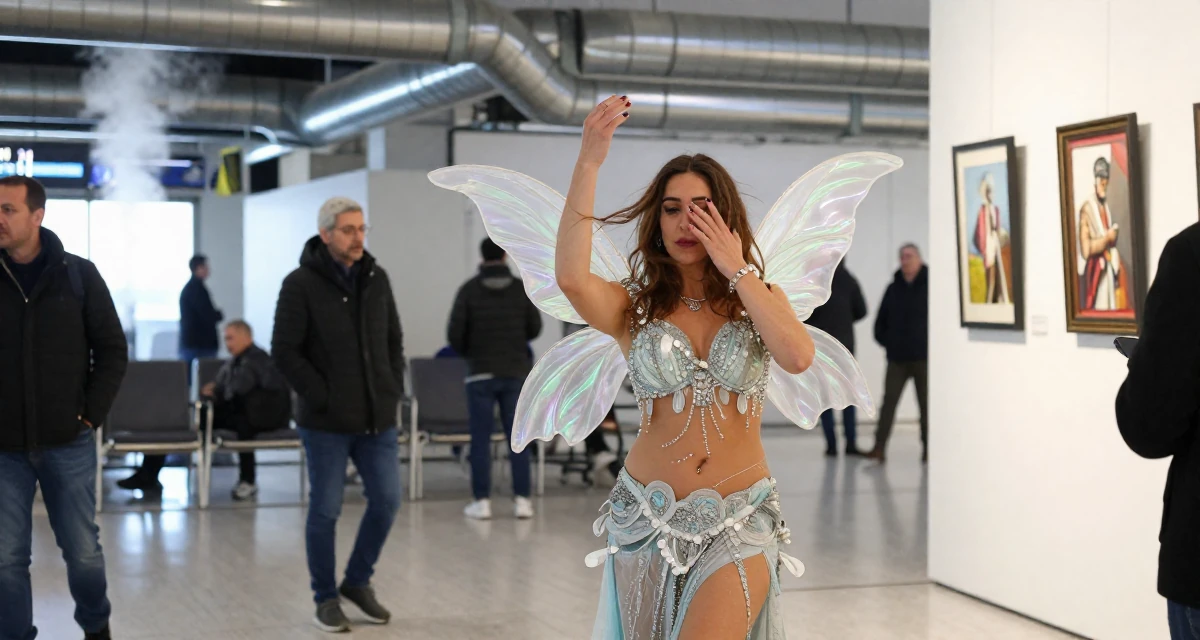 A sentimental Female From Istanbul Türkiye, learned belly dance and expressive movement in their 47, art collector sharing gallery experiences, wearing a fairy costume with translucent iridescent wings, shielding face from the wind in a airport departure lounge.