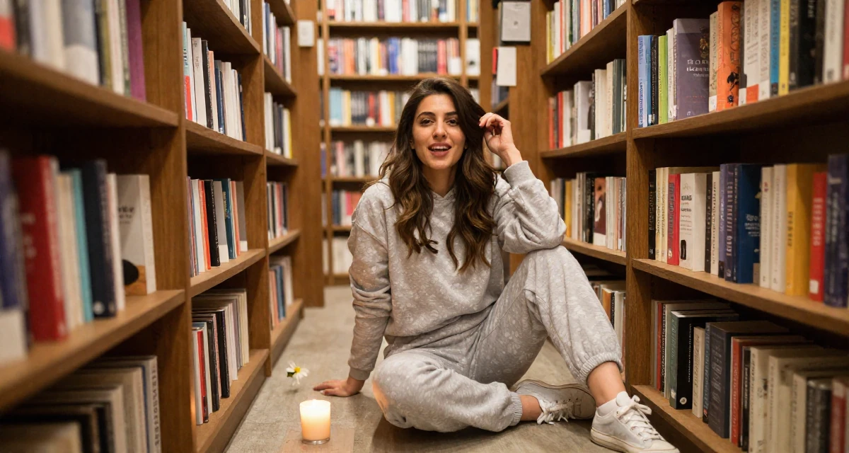 A enthusiastic Female Born in Iran, majored in multimedia communication in their 31, digital nomad setting up a base in a new city, wearing a comfortable lounge wear set, holding a flower in a bookstore aisle.