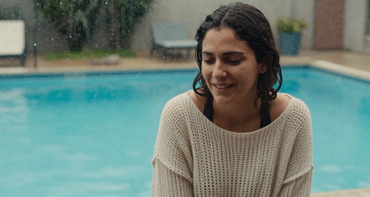 A vulnerable Female From Chile, based in Santiago, graduated from a communication college majoring in aesthetic storytelling in their 25, recognizing the value of mentorship and guidance, wearing a loose open-knit sweater showing skin underneath, laughing softly in a swimming pool deck.