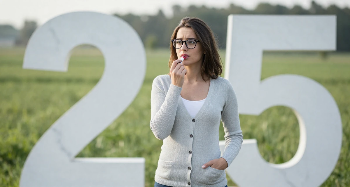 A disinterested Female From Hungary, has a background in physical education in their 25, realizing 25 is still incredibly young, wearing a librarian outfit with glasses and a tight cardigan, applying lipstick in a farm field.