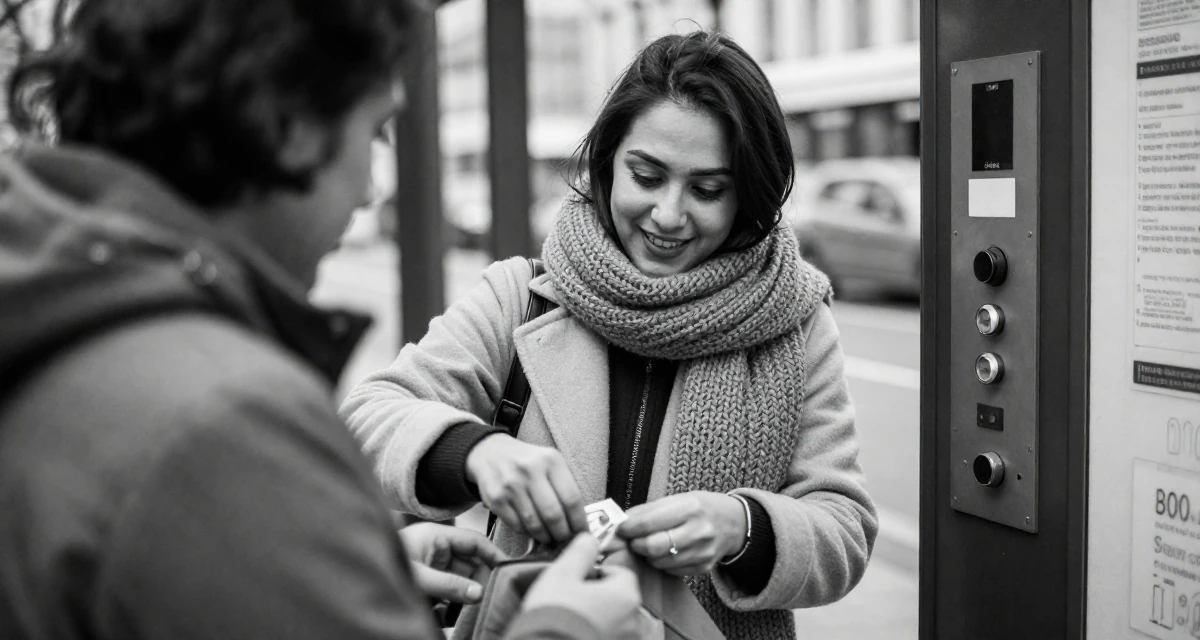 A delighted Female Born in Indonesia, studied brand communication in their 30, focused on paying off debt and financial freedom, wearing a heavy knit scarf and coat, smoothing out clothes in a bus stop.