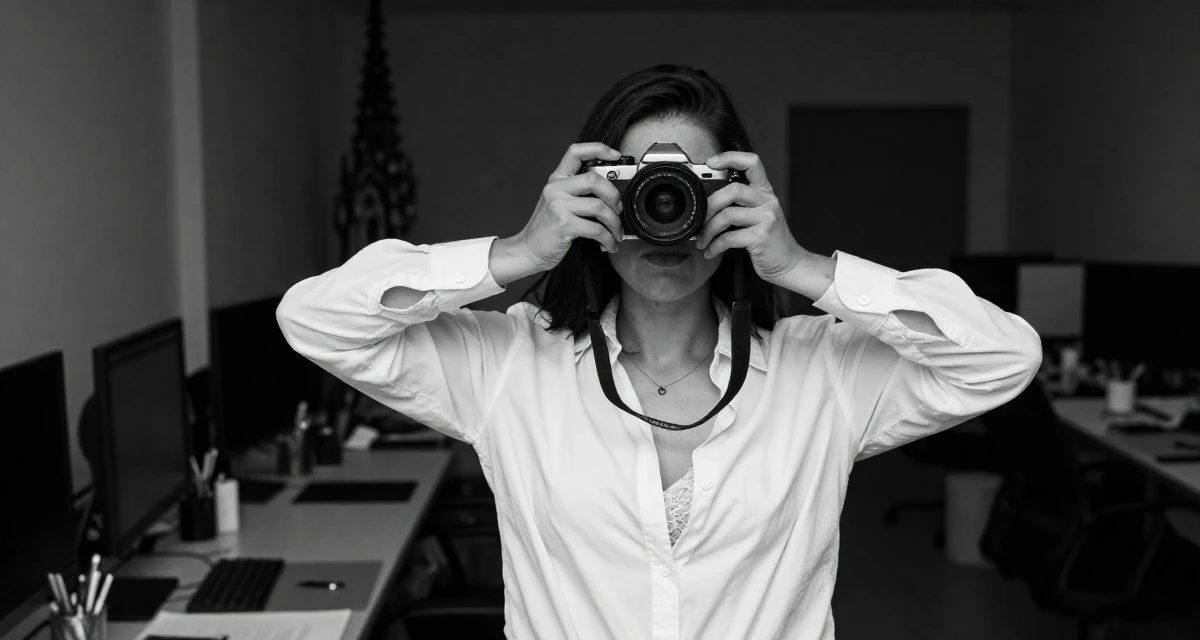 A bashful Female Born in Colombia, majored in media innovation in their 25, managing early financial independence, wearing a white button-down shirt worn open over a lace bra, holding a camera in a office workspace.