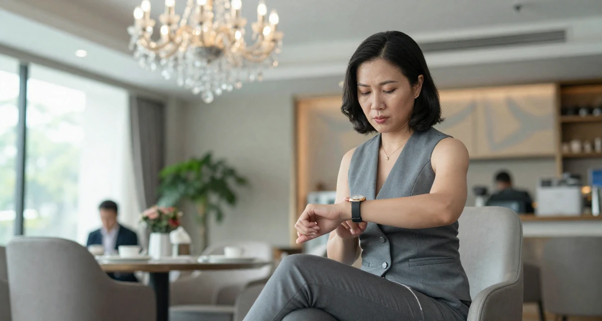 A resilient Female From Vietnam, majored in social work in their 40, managing a family business with dedication, wearing a fitted vest top worn without a shirt underneath and slacks, checking a wristwatch in a high-end restaurant.