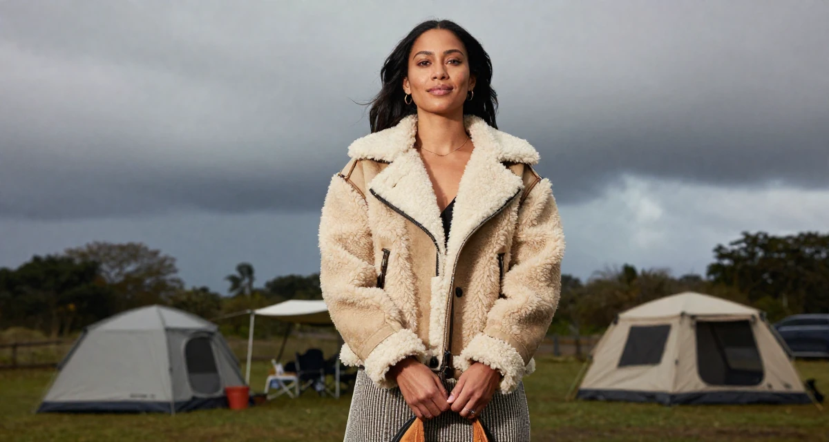 A softly smiling Female From Mauritius, studied digital marketing in their 47, preparing for empty-nest life, wearing a warm shearling jacket, fixing the hem of a skirt in a camping site.