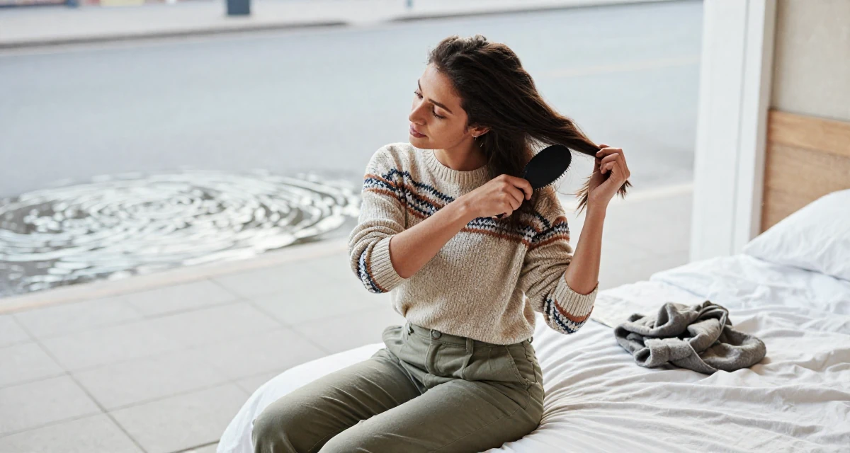 A soft Female From Rwanda, majored in social innovation in their 23, building consistency in personal projects, wearing a vintage sweater and high-waist pants, brushing hair back in a city sidewalk.