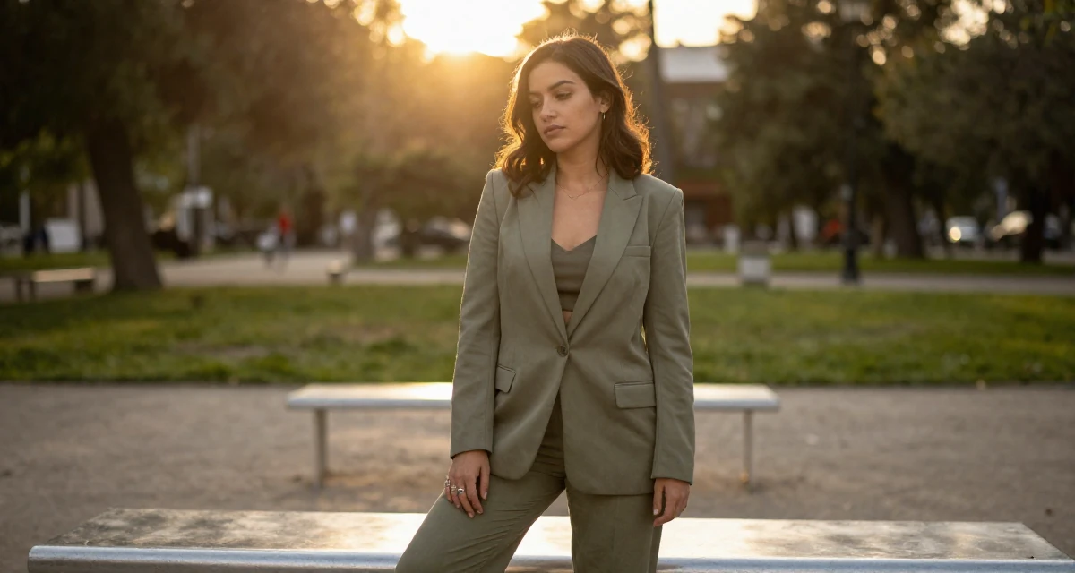 A mellow Female From Chile, based in Santiago, graduated from a communication college majoring in aesthetic storytelling in their 23, looking sophisticated but feeling lost inside, wearing a muted olive green tones, playing with a ring on a finger in a quiet park.