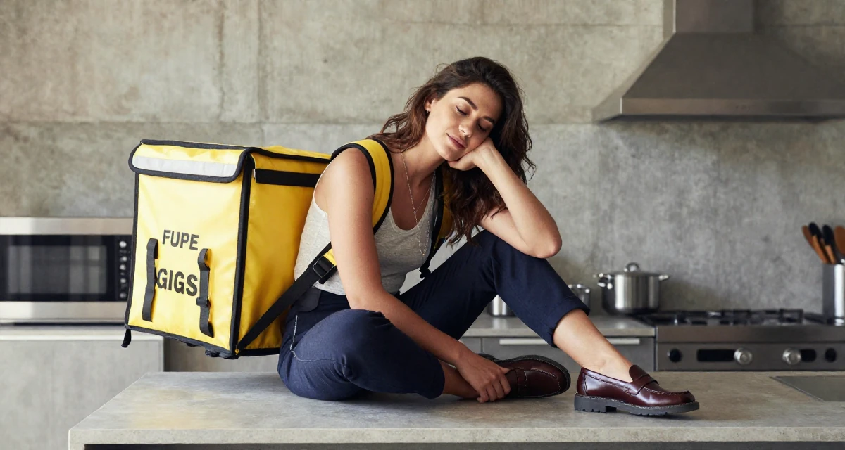 A quietly happy Female Former food delivery biker, now exploring creator freedom in their 22, exhausted from the hustle of side gigs, wearing a polished loafer and trousers look, touching a necklace in a sunlit kitchen island.