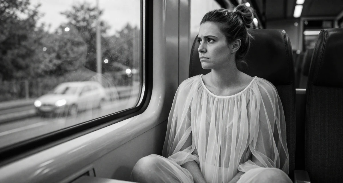 A cynical Female From Denmark, majored in data analytics in their 25, realizing no one teaches emotional labor in creator work, wearing a ethereal spirit dress made of flowing sheer chiffon, looking out the window in a train carriage.
