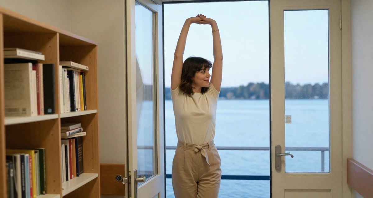 A positive Female From Stockholm Sweden, studied minimalist aesthetics and body symmetry in their 46, sharing elegant fashion tips for the office, wearing a retro 90s casual vibe, pushing a door open in a hospital corridor.