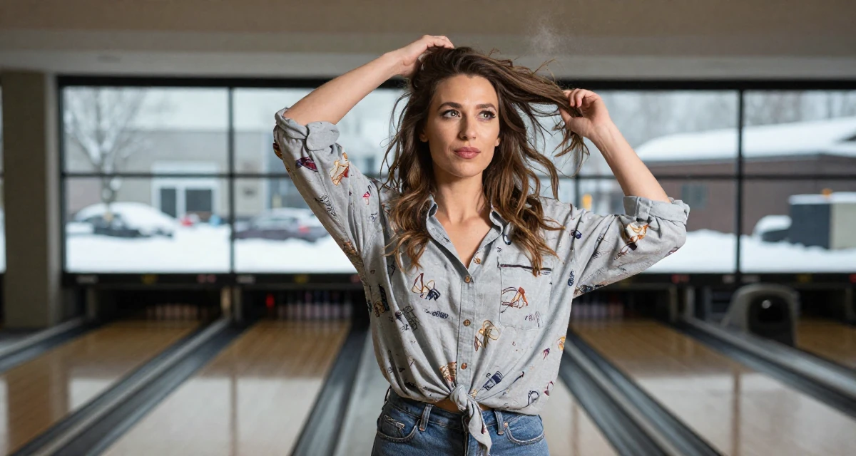 A lighthearted Female From Montreal Canada, studied erotic art history and creative expression in their 25, stabilizing monthly income and planning long-term strategy, wearing a relaxed vacation shirt, kicking up dust playfully in a bowling alley.