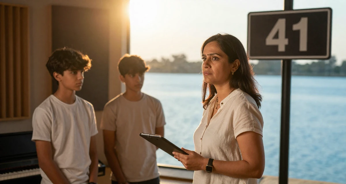 A melancholic Female From Bangalore India, holds a degree in software engineering in their 41, confident mother of teenagers sharing advice, wearing a minimalist everyday clothing, looking at a street sign in a music studio.