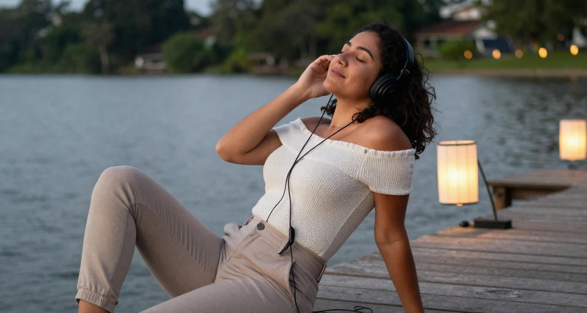 A radiant Female From Brazil, based in Curitiba, graduated from a regional college majoring in advertising design in their 35, at the peak of creative energy and output, wearing a off-the-shoulder knit top and fitted trousers, listening to music with headphones in a lakeside dock.