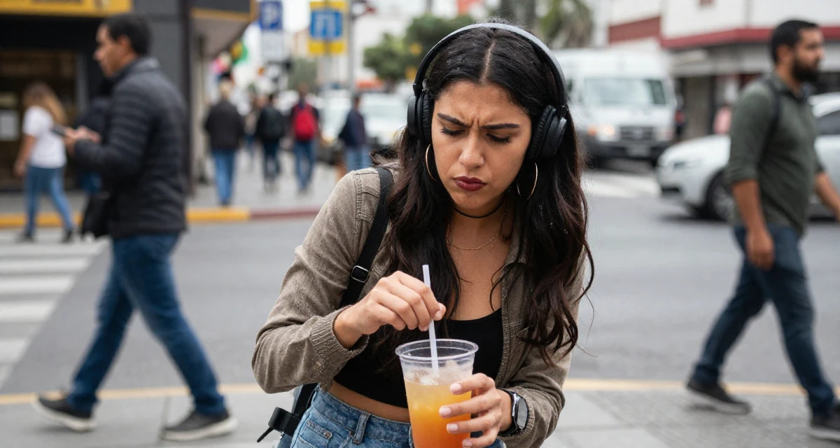 A suspicious Female Raised in Peru, studied advertising management in their 22, learning how music influences the sexy vibe of content, wearing a comfortable urban casual outfit, stirring a drink in a busy intersection.