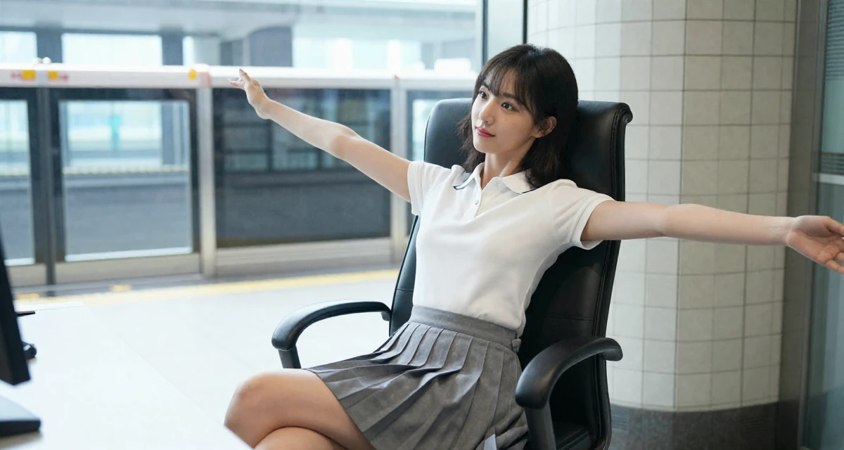 A focused and sharp Female Once a junior chemist, now exploring creative body-lighting concepts in their 22, refining flirty messaging styles without oversharing, wearing a short pleated skirt and a tight polo shirt, stretching arms after waking in a radio station.