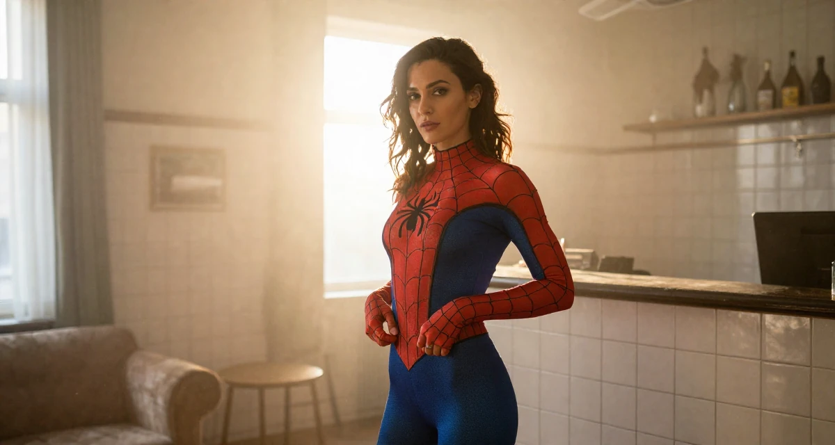 A aloof but intriguing Female Once a gym receptionist, now building her own fan-driven fitness brand in their 30, accepting that ambition doesn’t erase exhaustion, wearing a spider-themed villainess suit, adjusting a belt in a sunlit living room.