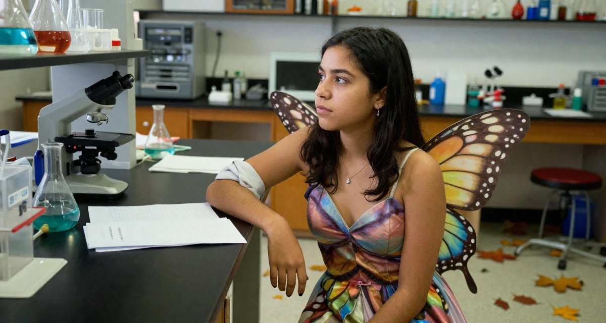 A reflective Female From Colombia, based in Medellín, graduated from a communication school majoring in brand communication in their 25, managing tight budgets as a student, wearing a butterfly-themed fairy dress with large wings, rolling up sleeves in a science lab.