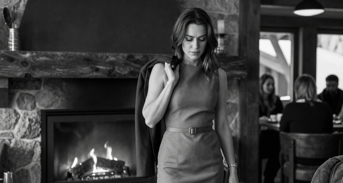 A focused Female From Geneva Switzerland, studied elegance-based visual storytelling in their 25, balancing social life with evolving ambitions, wearing a fitted sleeveless shift dress with a belt, holding a jacket over a shoulder in a ski lodge fireplace.