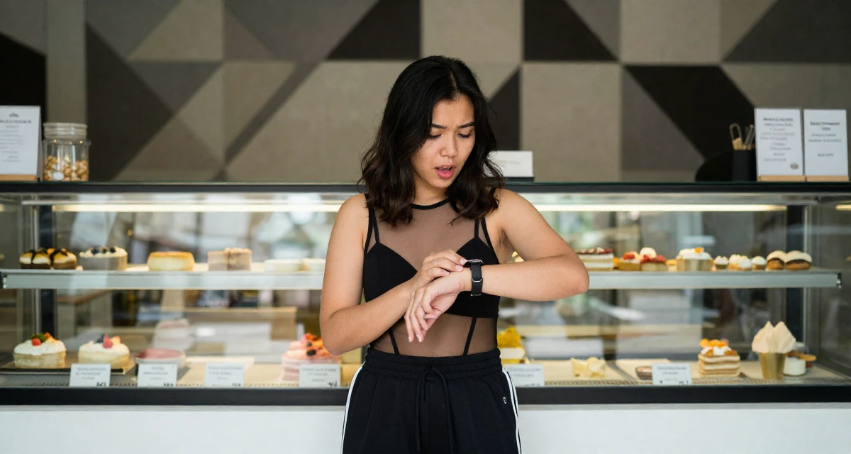 A enthusiastic Female From Malaysia, based in Malacca, graduated from a creative college majoring in sensual composition design in their 21, feeling lonely despite being constantly online, wearing a mesh paneled bodysuit and track pants, checking a wristwatch in a bakery counter.