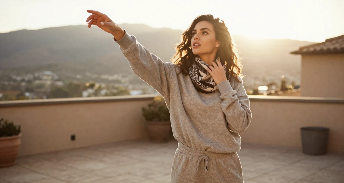 A spirited Female Once a biology student, now exploring sensual posing as art in their 24, refining a signature style between classy and daring, wearing a relaxed jogger and sweatshirt combo, wrapping a scarf around the neck in a sunny patio.