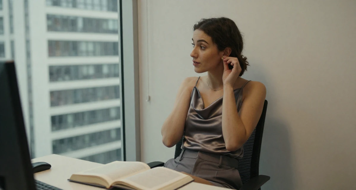 A nostalgic Female Raised in Germany, studied visual communication design in their 25, learning to flirt through camera presence alone, wearing a satin cowl neck top and tailored shorts, putting on earrings in a high-rise office building.