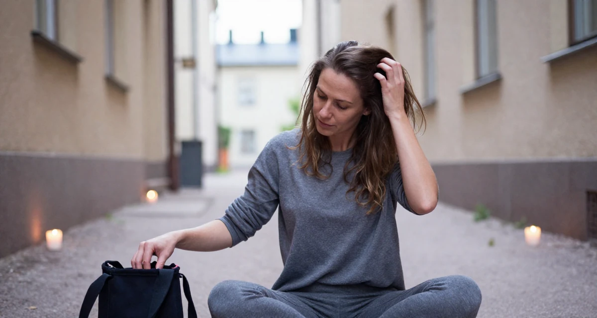 A lighthearted Female From Tampere Finland, learned intimate storytelling through slow-mode videography in their 39, sharing meditation and stress-relief techniques, wearing a comfortable urban casual outfit, reaching into a bag in a quiet alleyway.