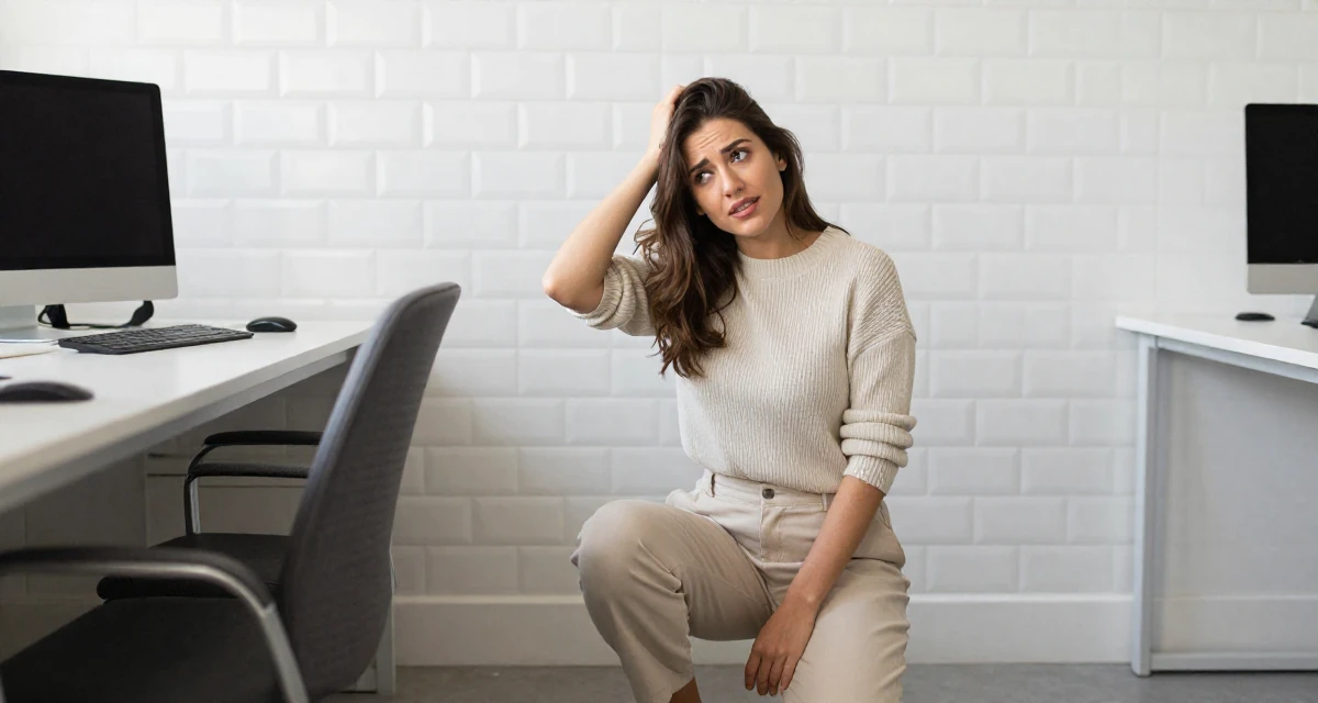 A playful and energetic Female From Cuba, majored in agricultural economics in their 25, developing early financial habits, wearing a monochromatic beige outfit with a knit top and trousers, scratching the head in confusion in a office workspace.