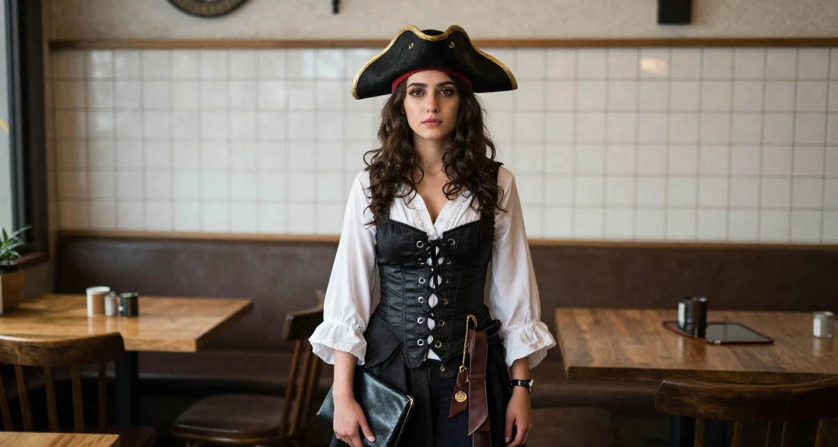 A lonely Female From Afghanistan, majored in agricultural science in their 22, building early digital portfolios, wearing a pirate captain outfit with a corset and tricorn hat, clutching a clutch bag in a cozy café.