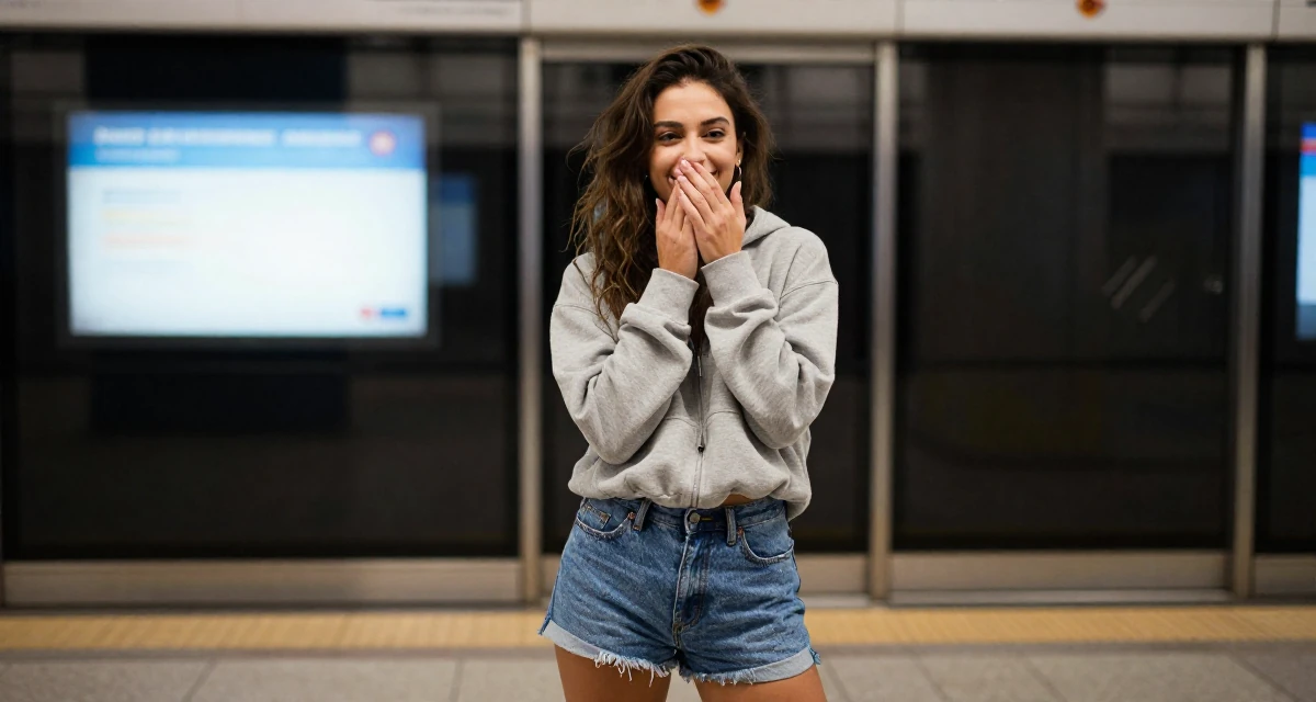 A gently amused Female From Argentina, based in Buenos Aires, graduated from a media institute majoring in flirtatious content styling in their 22, facing judgment from people who don’t understand creator life, wearing a casual hoodie and denim shorts, covering a laugh with one hand in a subway platform.