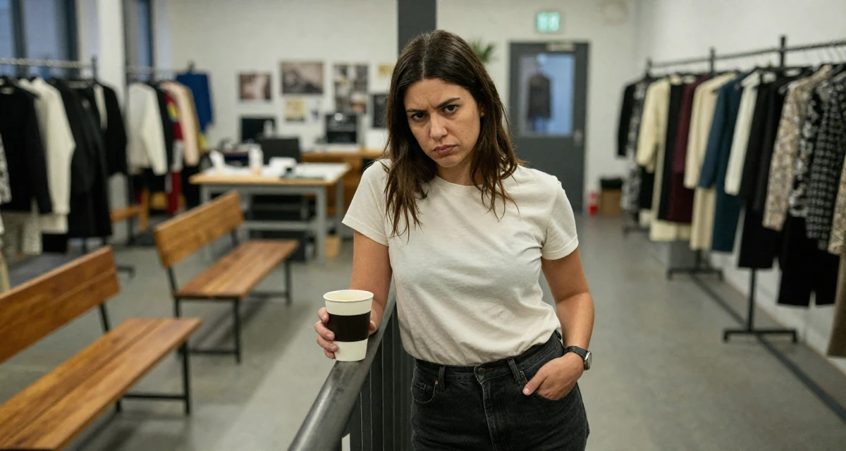 A cynical Female Former graphic design student, now using visuals for intimate storytelling in their 20, fueled by caffeine and late-night ambition, wearing a minimalist everyday clothing, sliding a hand into a pocket in a fashion design studio.