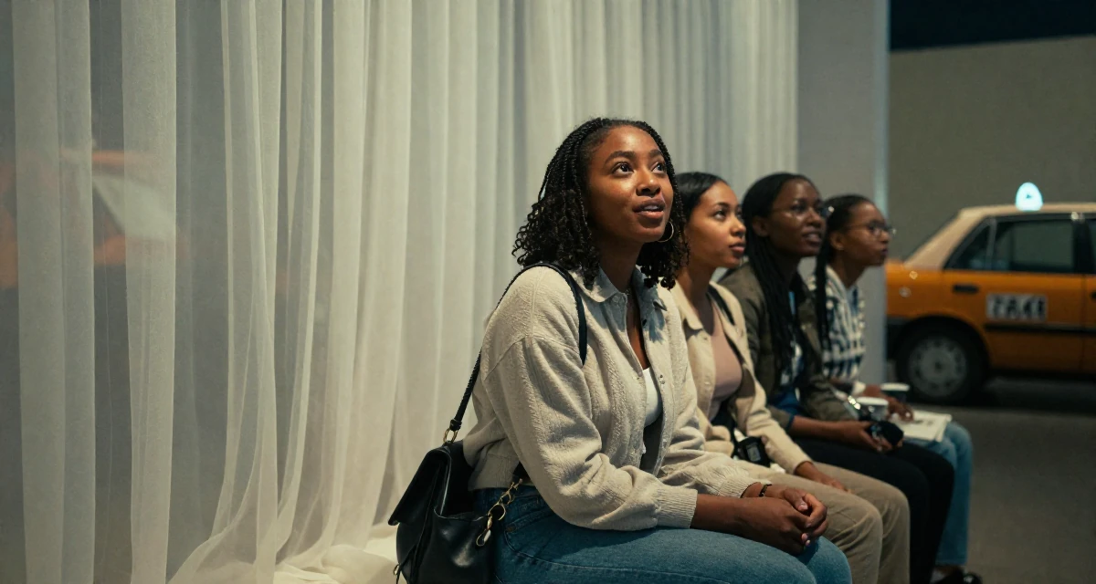 A triumphant Female From Ethiopia, studied software development in their 21, realizing childhood friends are drifting away, wearing a comfortable urban casual outfit, waiting for a taxi in a museum exhibit.