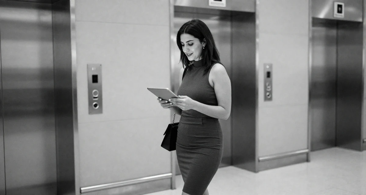 A pleased Female From Turkey, based in Izmir, graduated from a communication faculty majoring in brand strategy in their 25, calculating every purchase because income is unstable, wearing a mock neck sleeveless top and a pencil skirt, holding a tablet device in a airport departure lounge.